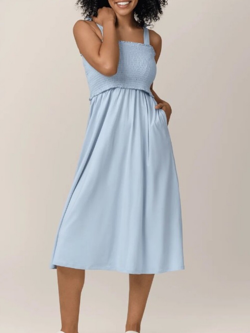 Kindred Bravely Light Blue Smocked Midi Dress with Tie Straps